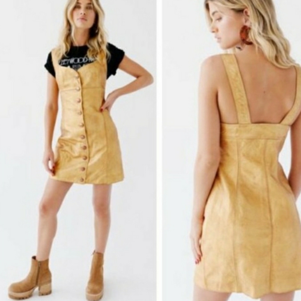 FREE PEOPLE Leather Metallic Gold Mini Dress Holiday Party New Years Eve Sz.4